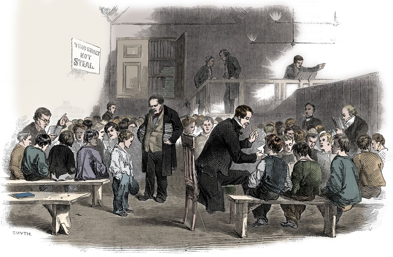 Enseñando a leer a los niños en la escuela Ragged School Union, Lambeth, Londres, 1868 de Unbekannt