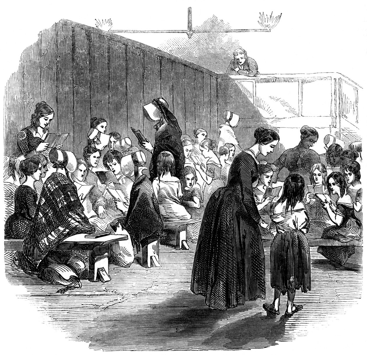 Enseñando a leer a las niñas en la escuela de la Unión Ragged, Lambeth, Londres, 1868 de Unbekannt