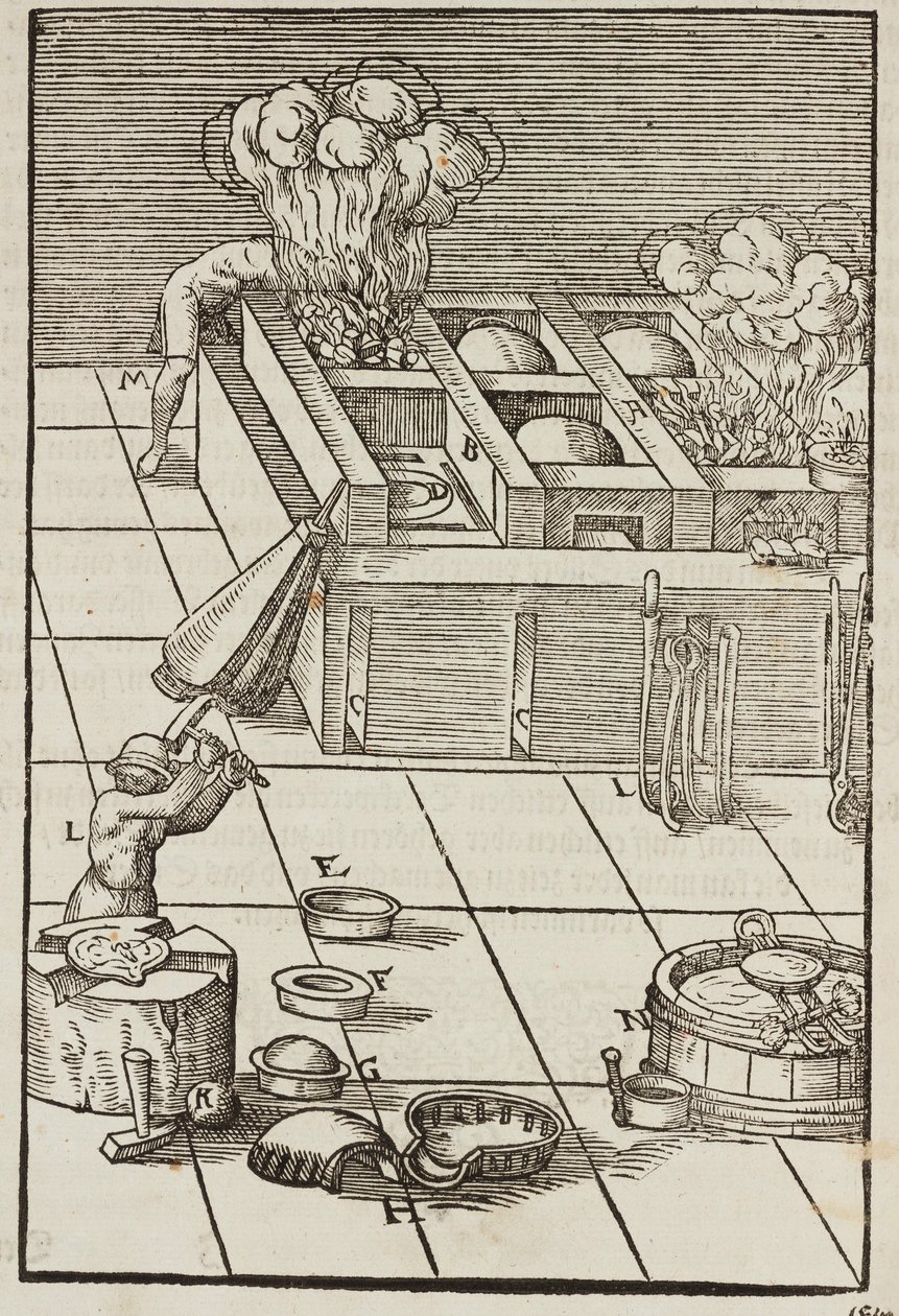 Técnica e instrumentos para calentar el mineral de plata - Grabado extraído de Descripción de los minerales y los principales métodos de explotación minera, de Lazarus Ecker de Unbekannt
