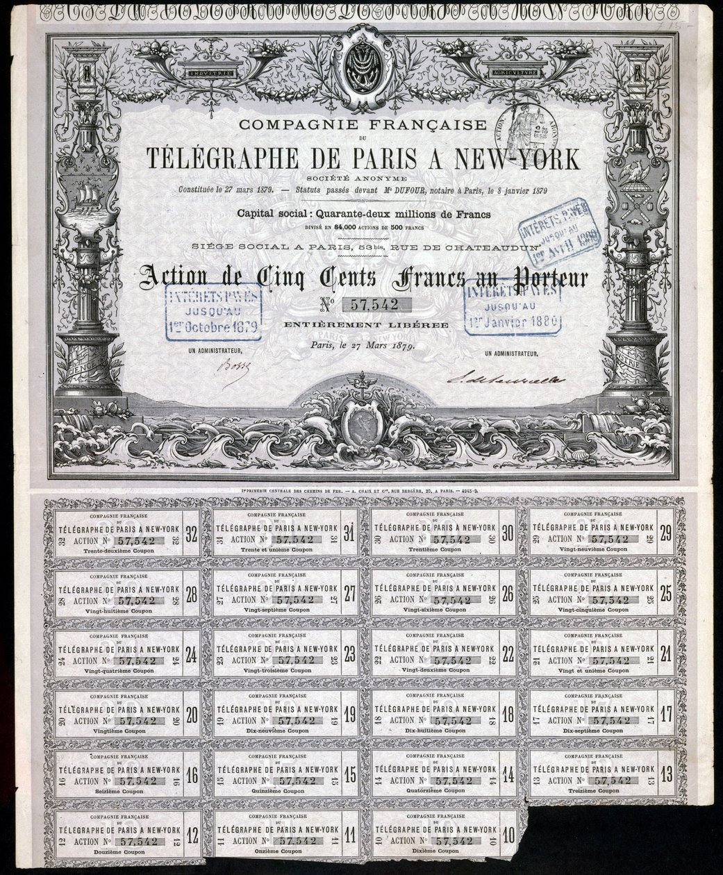 Certificado de acciones del Telégrafo General París-Nueva York, 27 de marzo de 1879 de Unbekannt