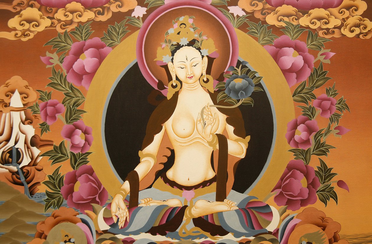 Thangka que representa a la diosa Tara Blanca, símbolo budista de larga vida, Bhaktapur, Nepal de Unbekannt