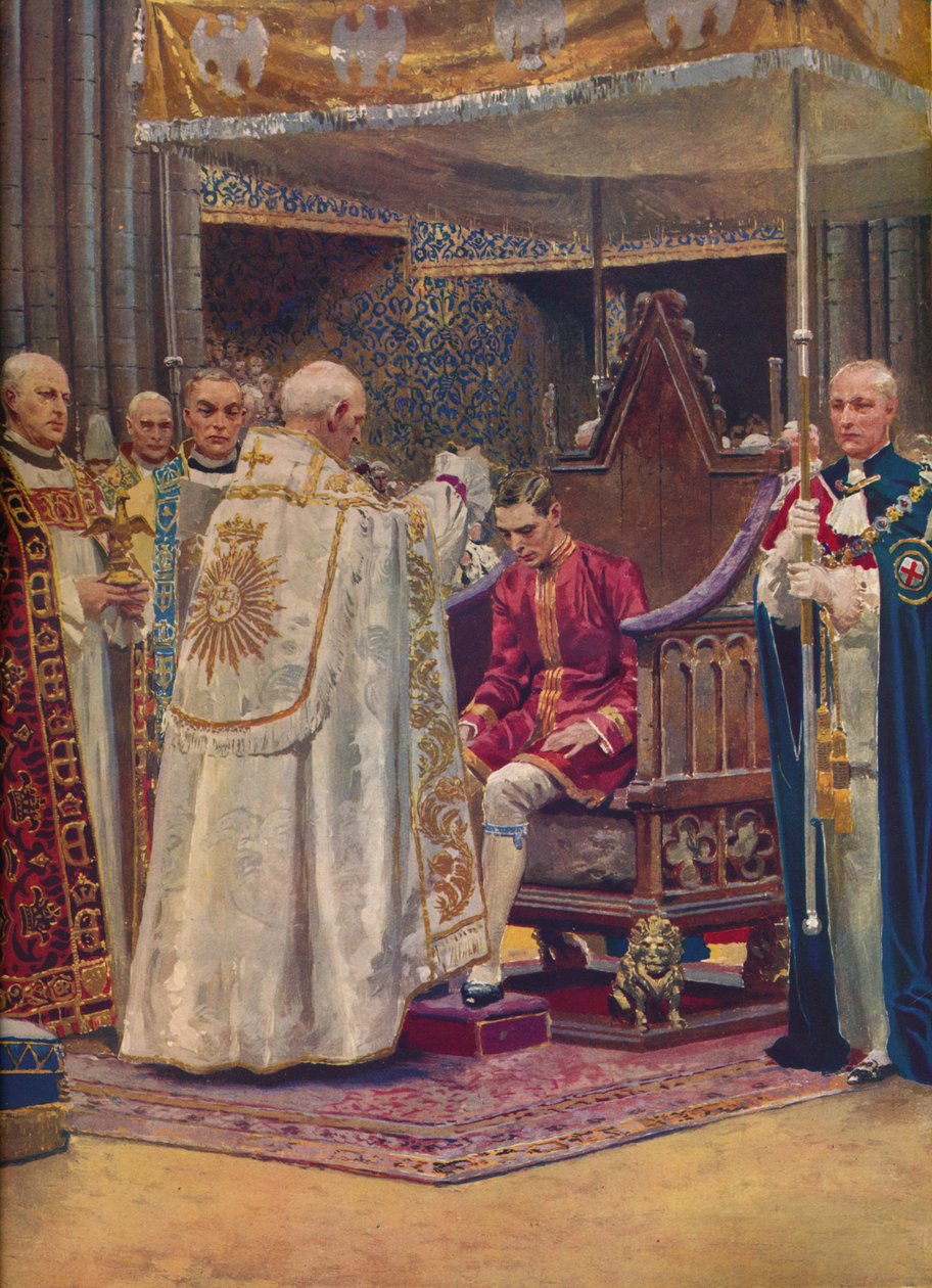 La unción: El arzobispo haciendo la señal de la cruz en la cabeza del rey de Unbekannt