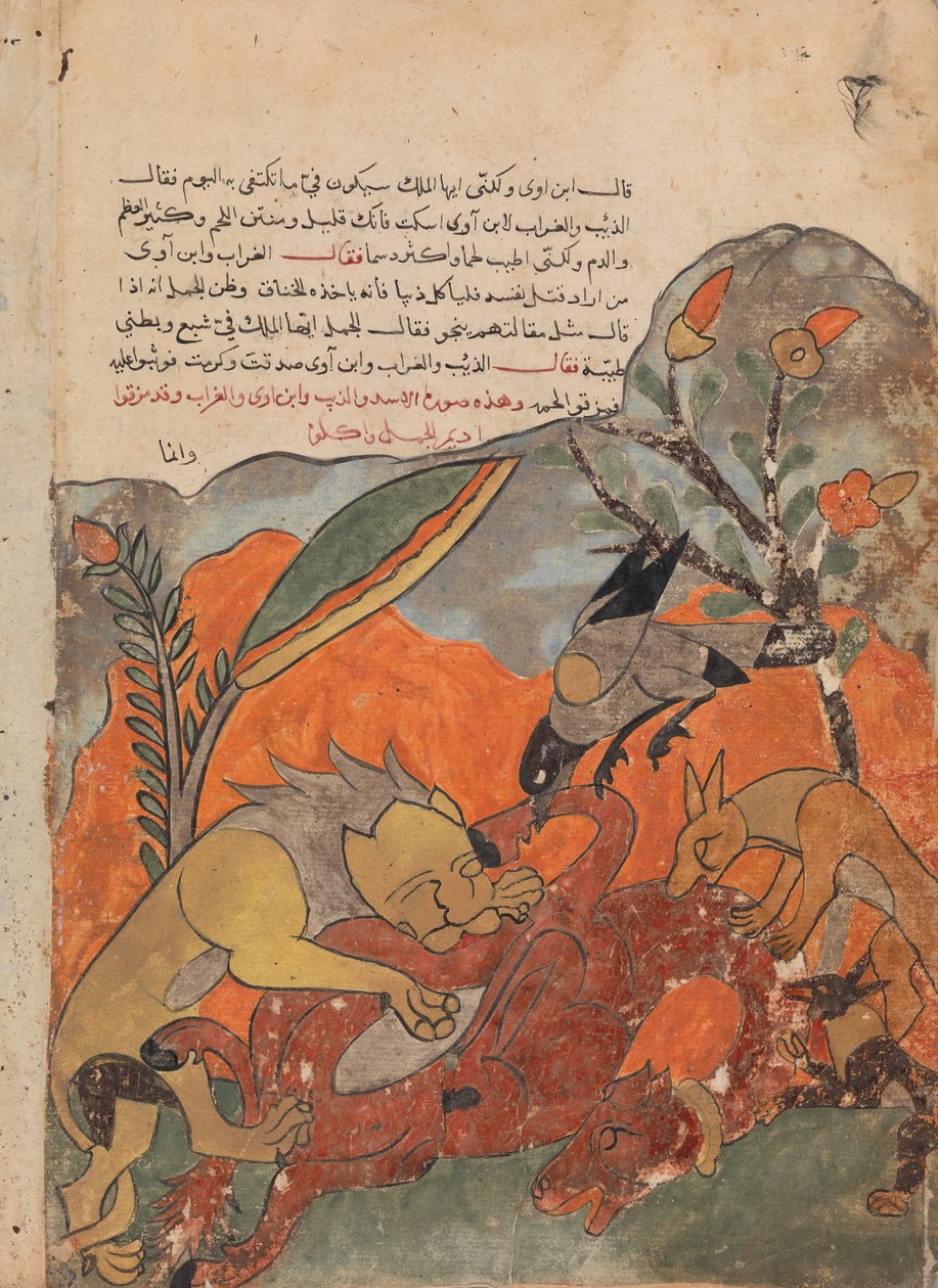 El ataque al camello por el león, el cuervo, el lobo y el chacal, Folio de un Kalila, siglo XVIII de Unbekannt