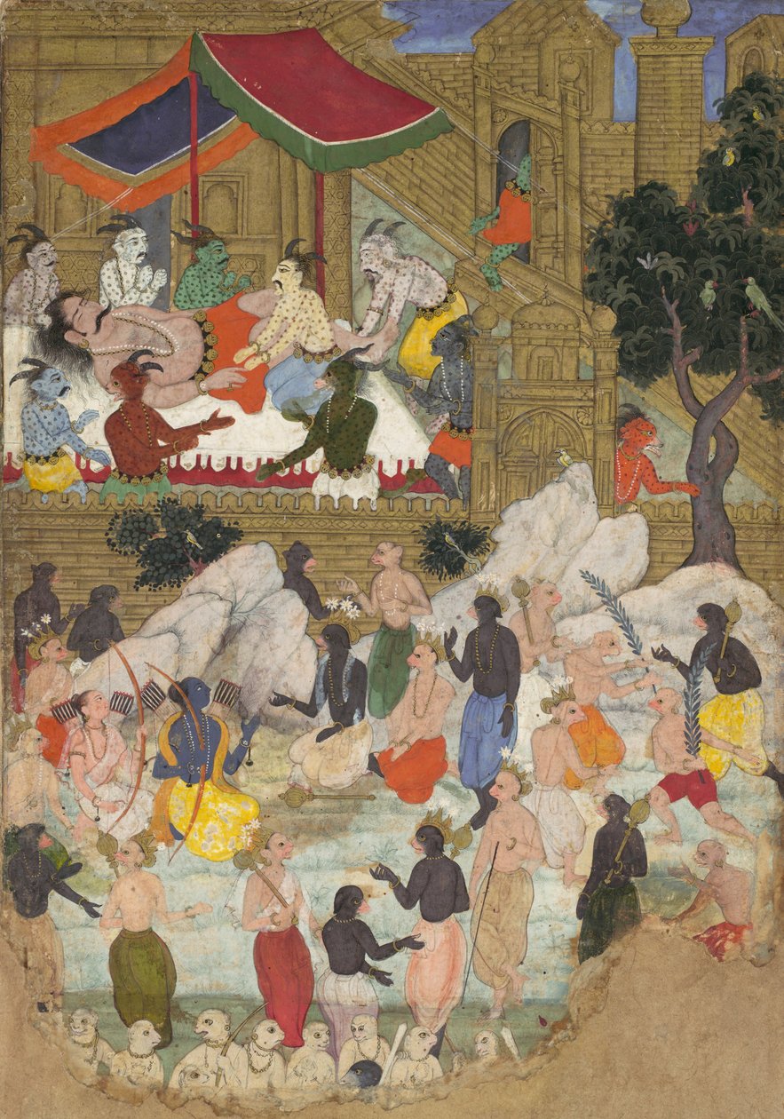 El despertar de Kumbhakarna en la Ciudad Dorada de Lanka, Folio de un Ramayana, ca. 1605 de Unbekannt