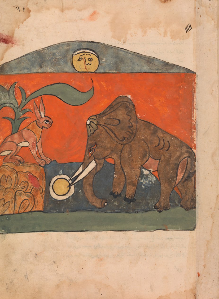 La liebre astuta con el rey de los elefantes en el manantial de la luna, siglo XVIII de Unbekannt