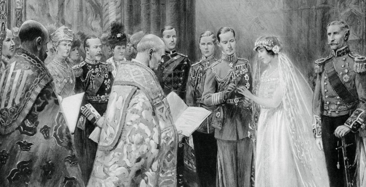 El Duque de York colocando el anillo en el dedo de Lady Elizabeth Bowes-Lyon, 26 de abril de 1923 de Unbekannt