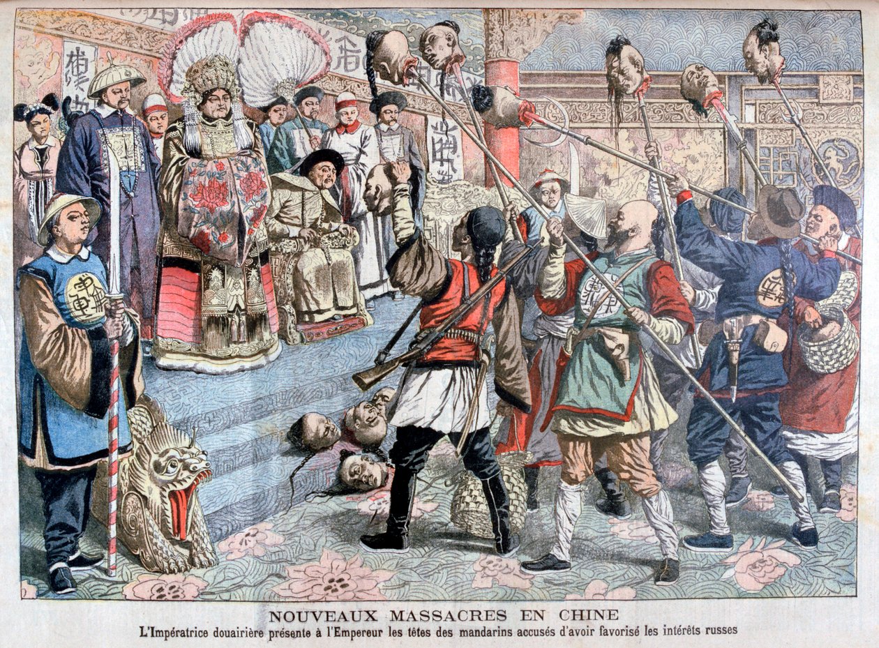 El Emperador siendo mostrado cabezas de mandarines sospechosos de apoyar a los rusos, China, 1904 de Unbekannt