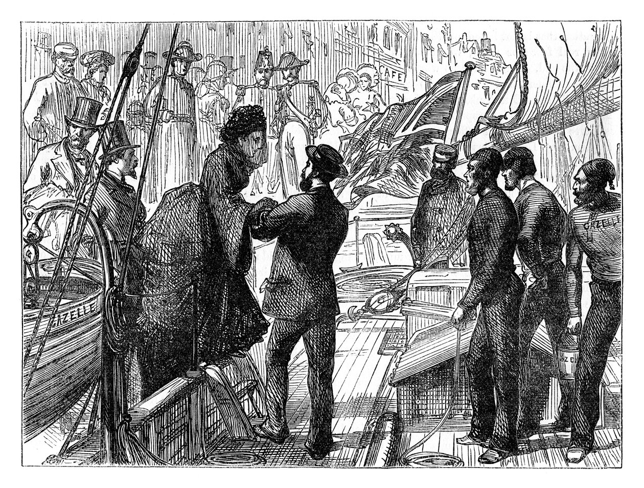 La Emperatriz de los Franceses embarcando en la Gazelle, 1870, finales del siglo XIX de Unbekannt
