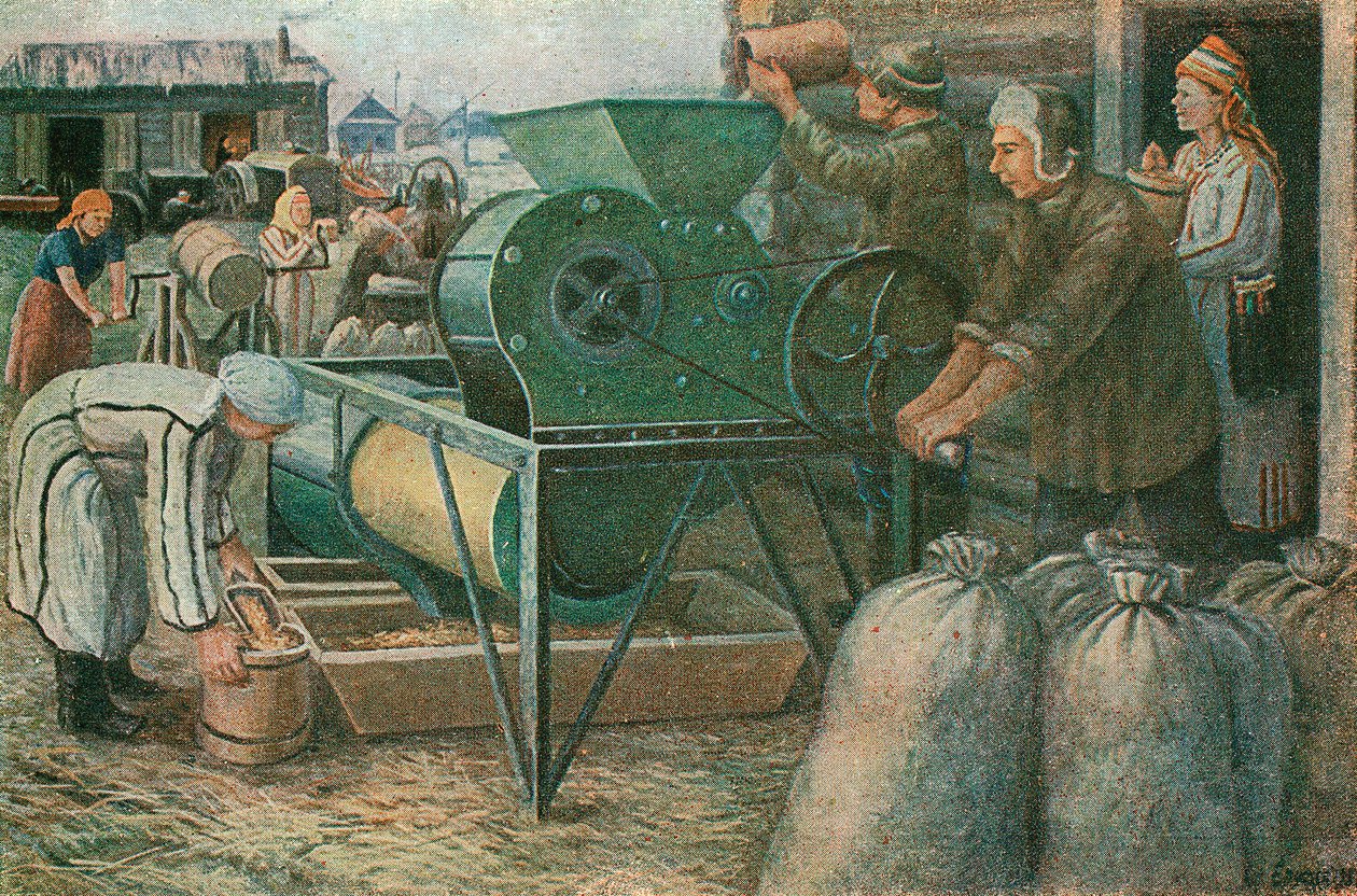 La lucha por la cosecha: clasificación de semillas en una granja colectiva de Mordva, 1933 de Unbekannt