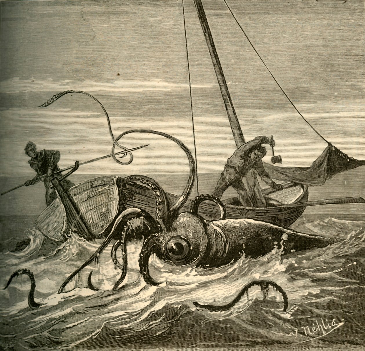 La batalla de los pescadores con el calamar gigante, 1881 de Unbekannt