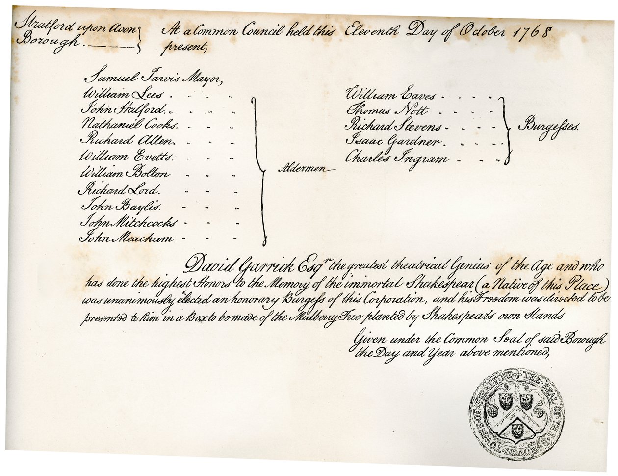 La Libertad de Stratford-upon-Avon, presentada a David Garrick, 1768 de Unbekannt
