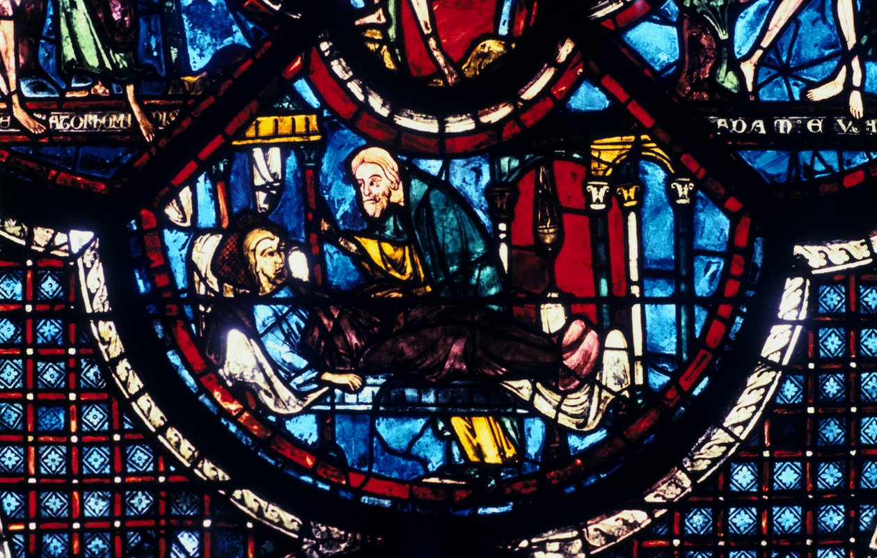 El Buen Samaritano cuida al peregrino, vidriera, Catedral de Chartres, Francia, 1205-1215 de Unbekannt
