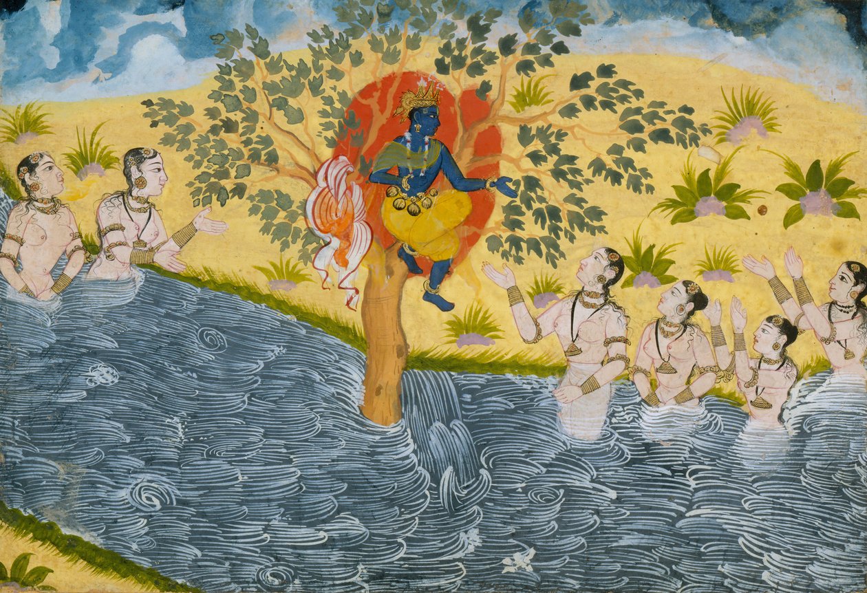 Las gopis suplican a Krishna que devuelva su ropa, página de un Bhagavata Purana, ca. 1610 de Unbekannt