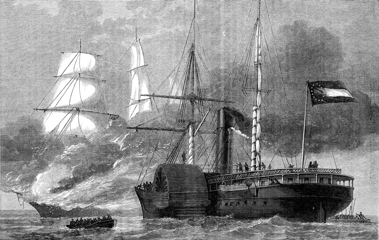 El Nashville destruyendo un mercante federal, Guerra Civil Americana, 1861-1862 c1880 de Unbekannt