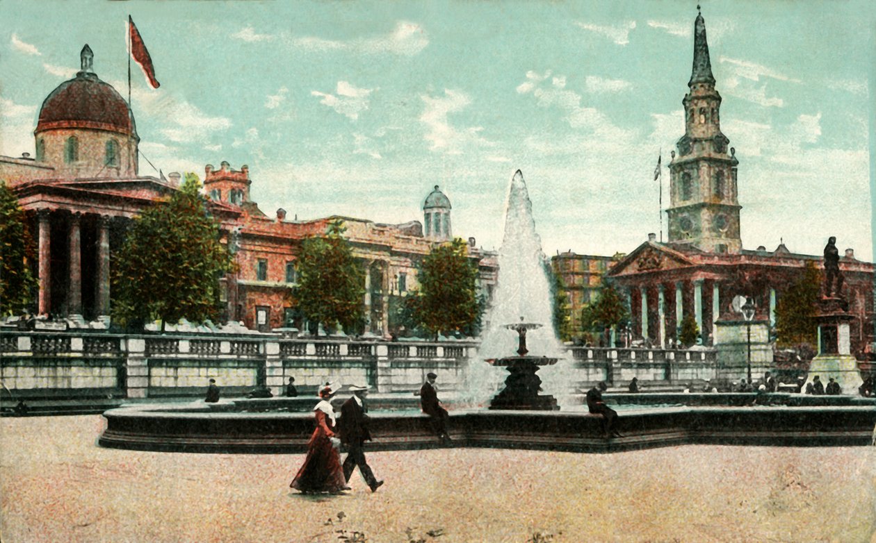 La Galería Nacional, St Martin in the Fields, y fuentes en Trafalgar Square, Londres, c1910 de Unbekannt