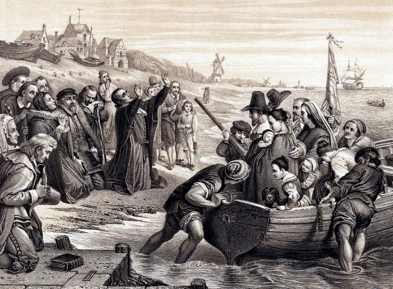 Los Padres Peregrinos dejando Delft Haven en su viaje a América, julio de 1620, 1878 de Unbekannt