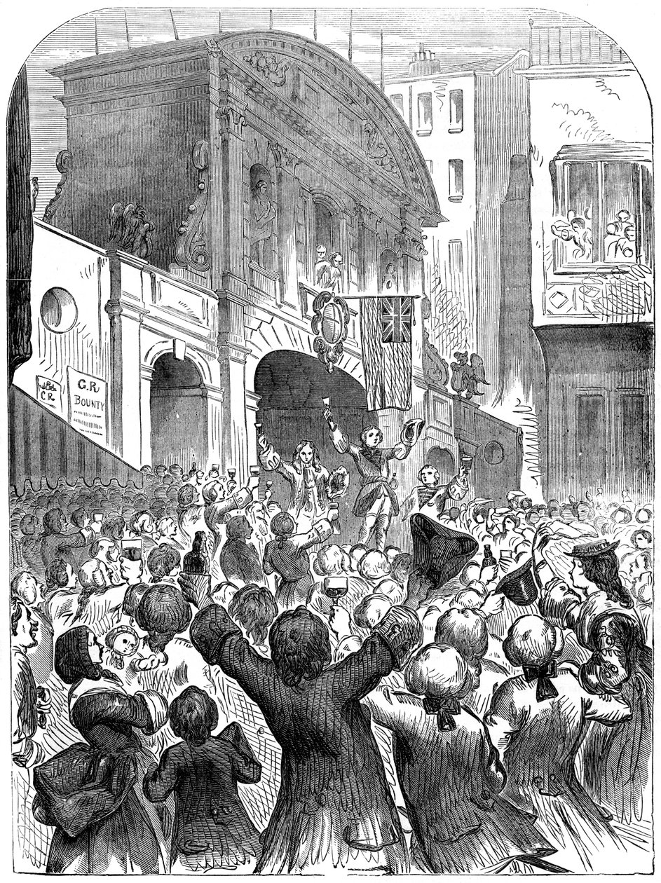 El Príncipe de Gales brindando por el éxito de la guerra en Temple Bar, Londres, siglo XVIII, siglo XIX de Unbekannt