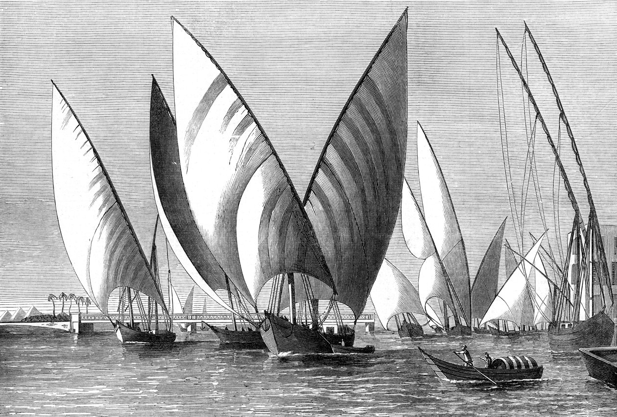 El río en el Puente Boulak, El Cairo, con dahabeahs pasando, 1874 de Unbekannt