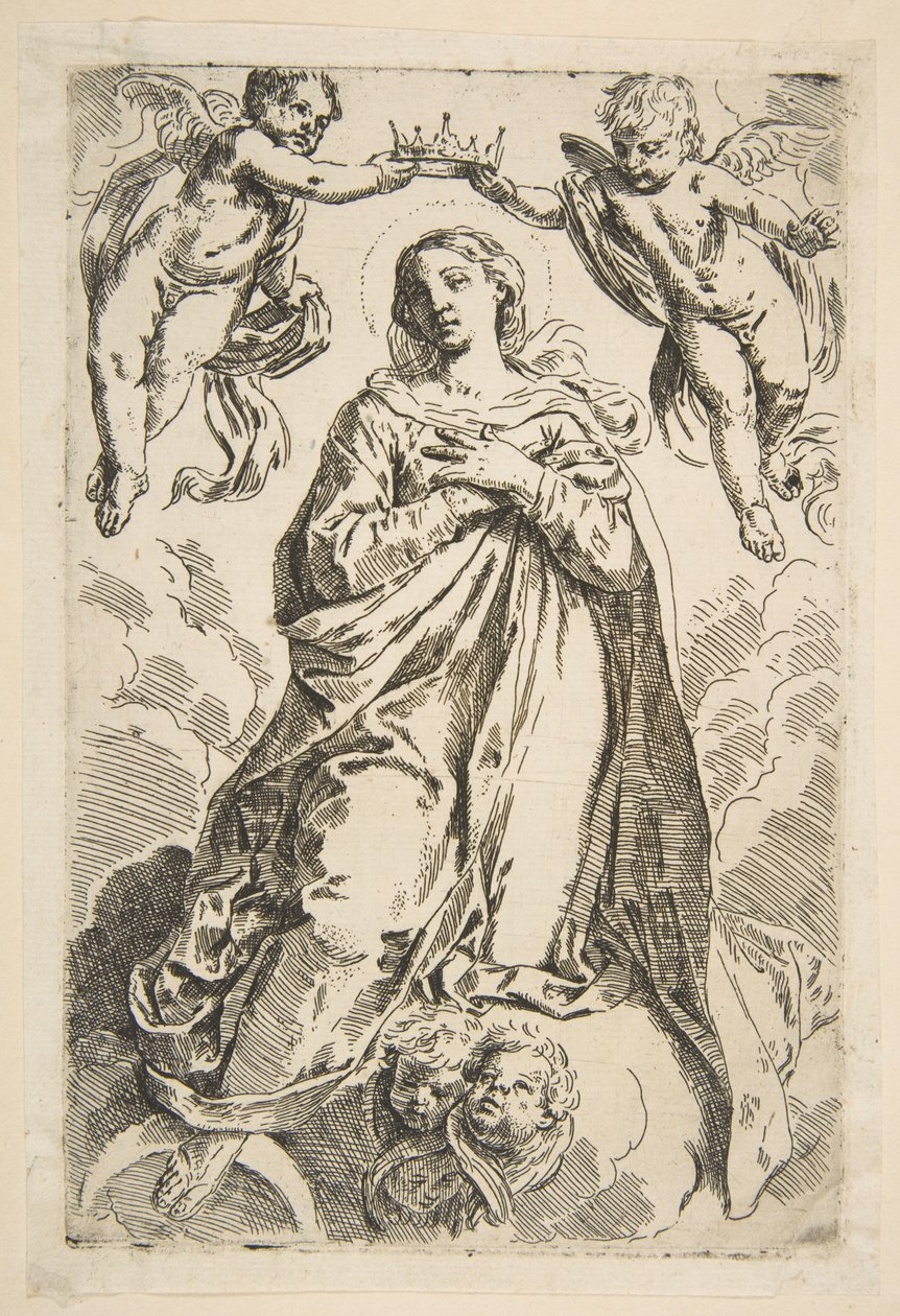 La Virgen coronada por dos ángeles, copia de Cantarini, siglo XVII de Unbekannt