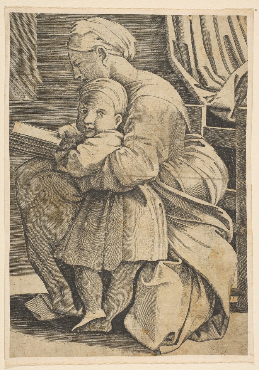 La Virgen leyendo con el niño Jesús, mujer sentada de perfil mirando a la izquierda, ca. 1515-1600 de Unbekannt