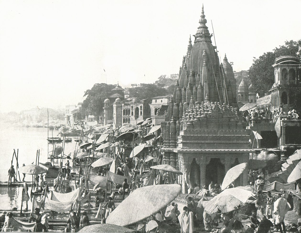 El estanque Vishnu y Ghat, Benarés, India, 1895 de Unbekannt