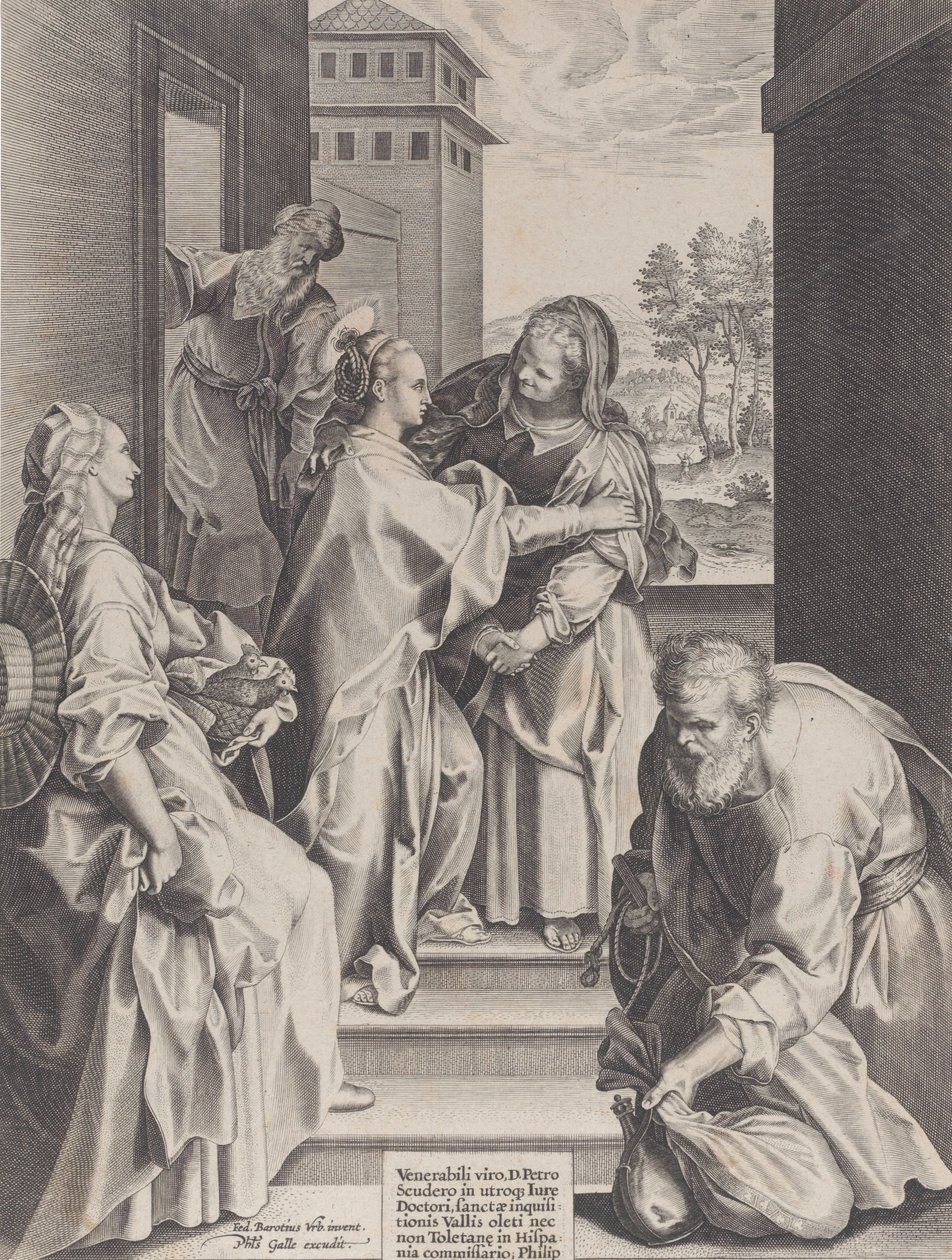 La Visitación, la Virgen y Santa Isabel abrazándose en el centro, flanqueadas por otros, 1589 de Unbekannt