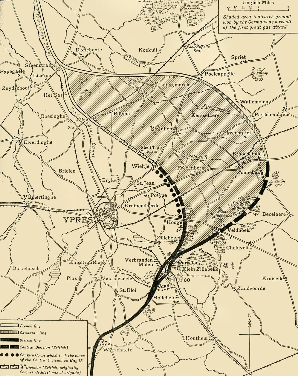 El saliente de Ypres antes y después de la Segunda Batalla de Ypres..., Primera Guerra Mundial, 1915, c1920 de Unbekannt