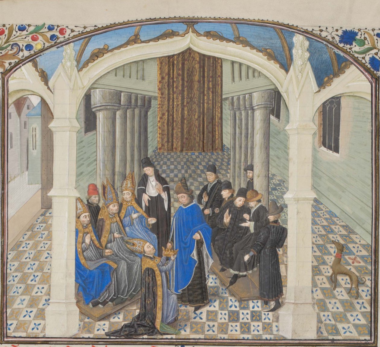 La coronación de Balduino II en 1118. Miniatura de la Historia de Guillermo de Tiro, 1460s de Unbekannt