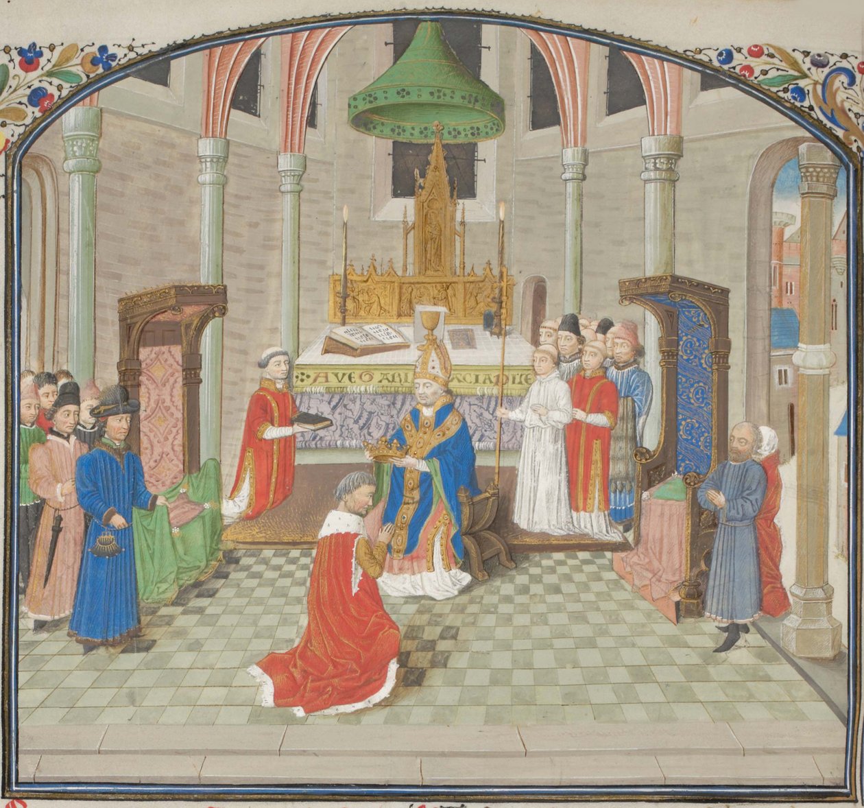La coronación de Balduino I en Navidad de 1100. Miniatura de la Historia de Guillermo de Tiro, 1460s de Unbekannt