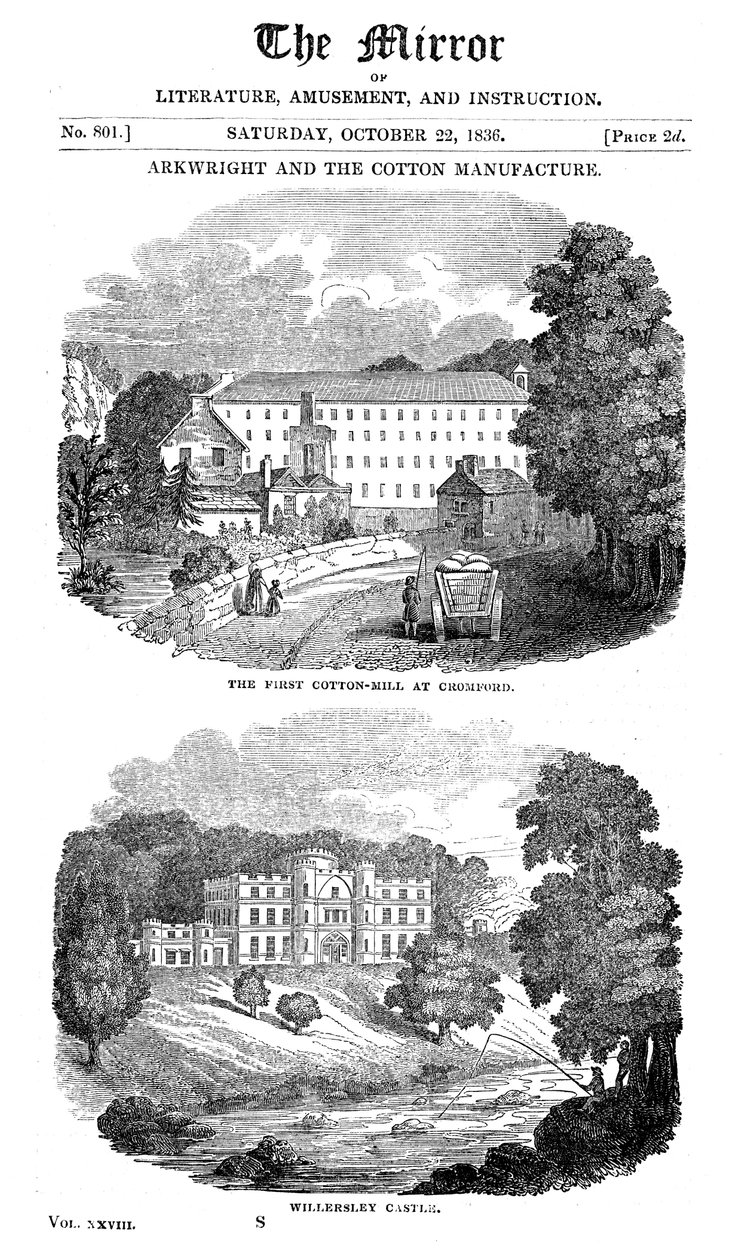 El primer molino de algodón en Cromford, Derbyshire, y la casa de Richard Arkwright, 1836 de Unbekannt
