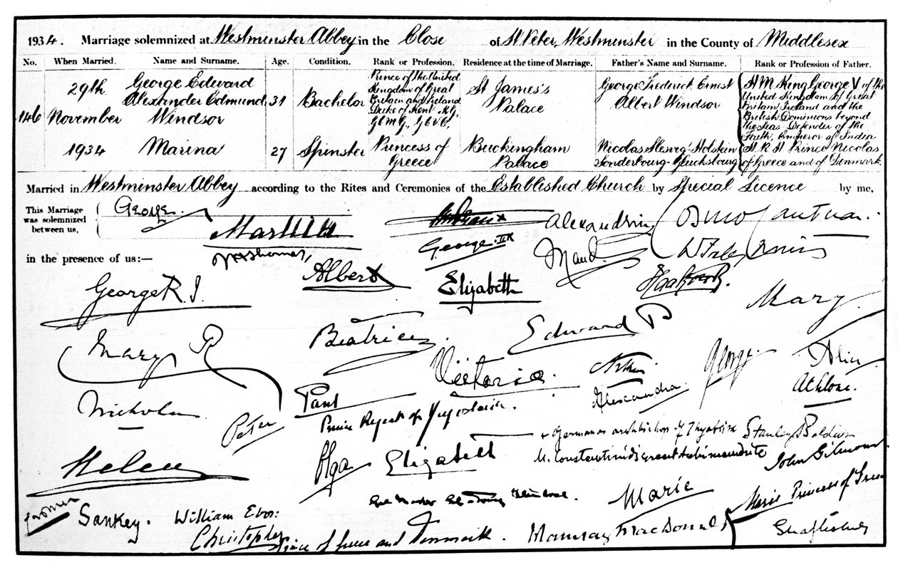 El certificado de matrimonio del Duque y la Duquesa de Kent, 1934 de Unbekannt