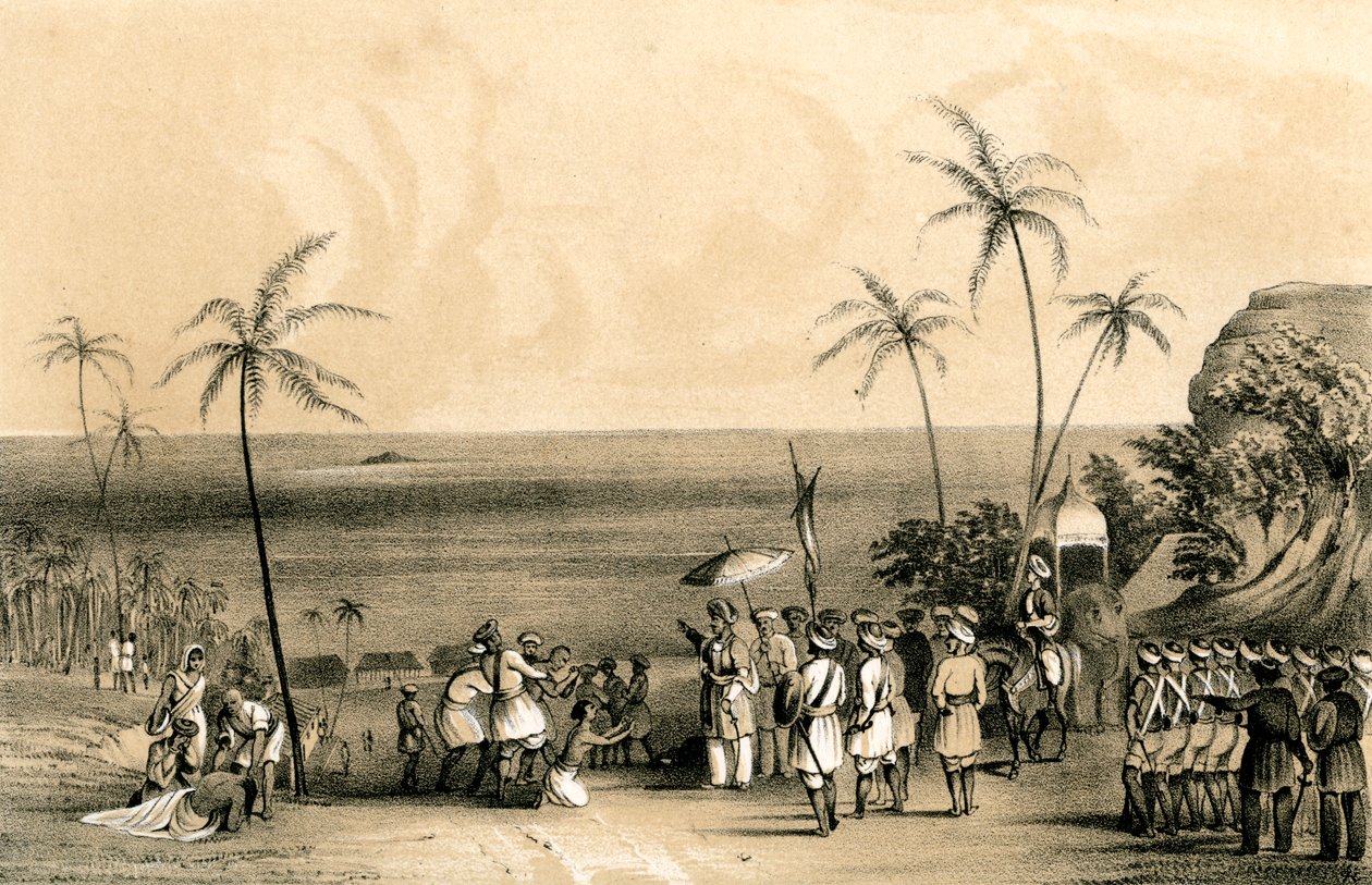 Los comerciantes de Calicut capturados y encadenados a una roca estéril por orden de Tippoo Saib, 1847 de Unbekannt