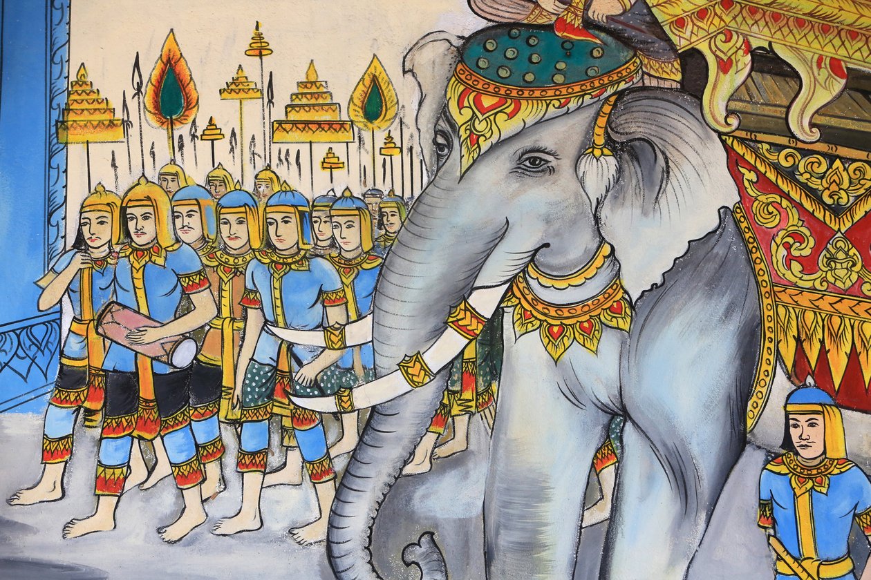El camino de la iluminación. Vida de Buda. Obra de arte en el techo que representa la vida de Buda. Wat Inpeng. Vientiane. Laos, 20151029, Vientiane, Laos de Unbekannt