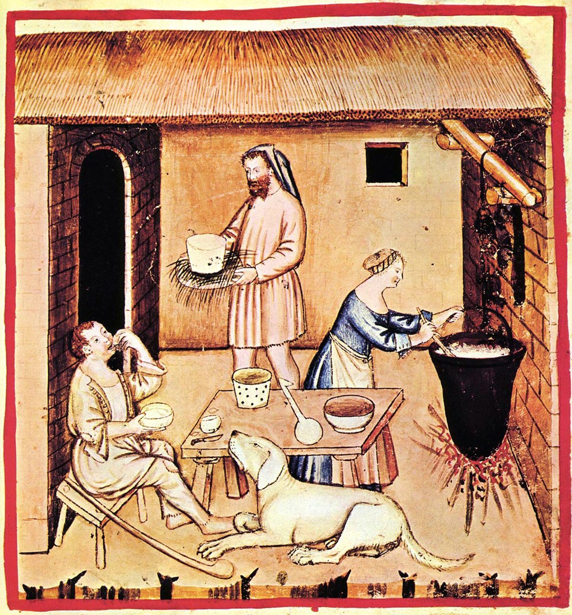 La producción de queso. Una miniatura de Tacuinum Sanitatis, Segunda Mitad del siglo XIV de Unbekannt