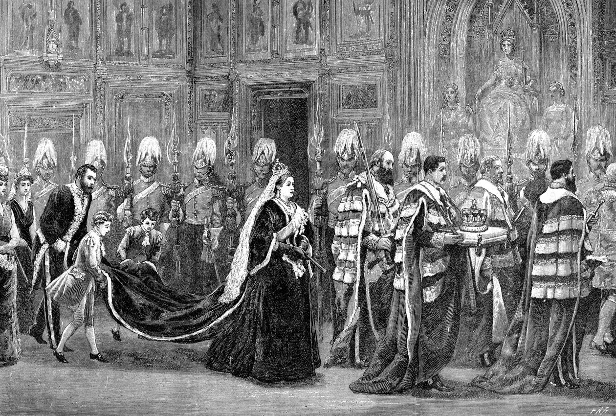 La procesión real en el Palacio de Westminster camino a la Cámara de los Lores, 1886 de Unbekannt