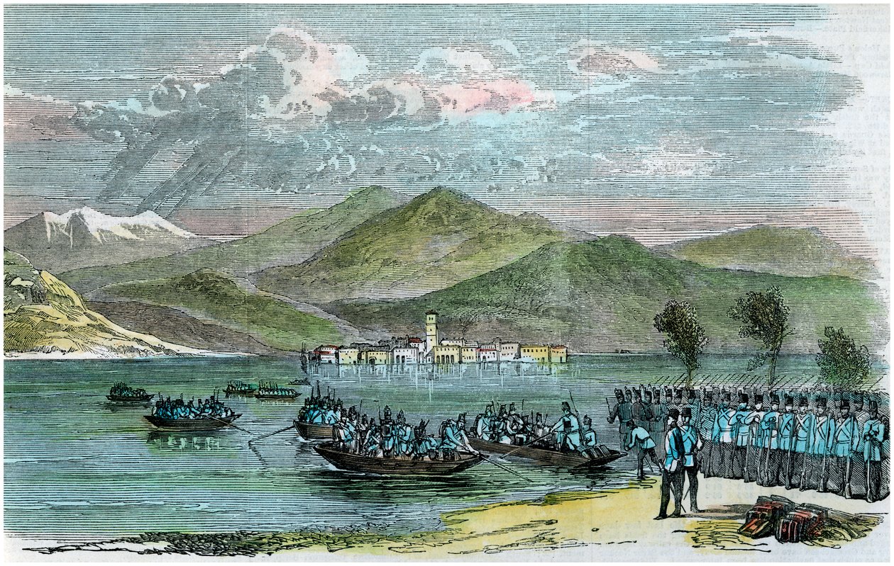 La guerra, los austriacos cruzando el Lago Maggiore, Italia, c1875 de Unbekannt