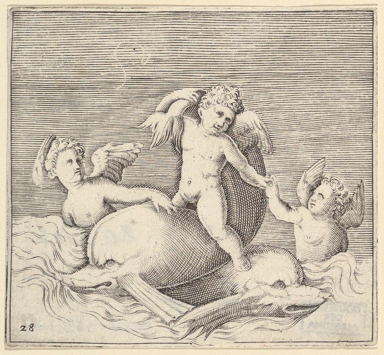 Tres Cupidos y Dos Delfines, publicado ca. 1599-1622 de Unbekannt