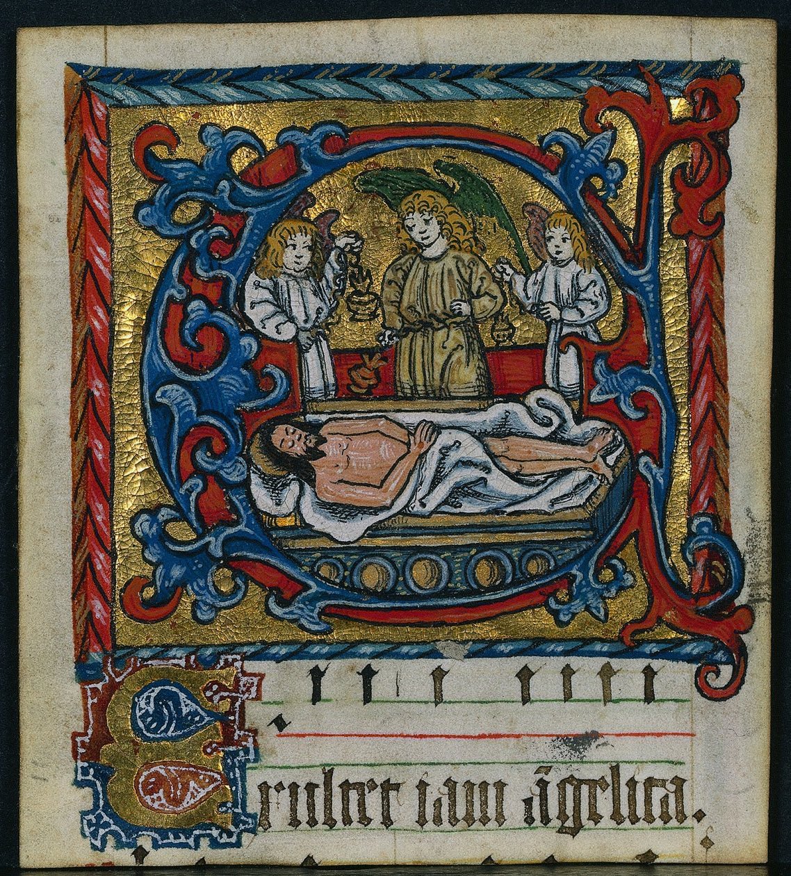 Tres recortes de un misal: Inicial E con los ángeles del entierro, c. 1470-1500 de Unbekannt