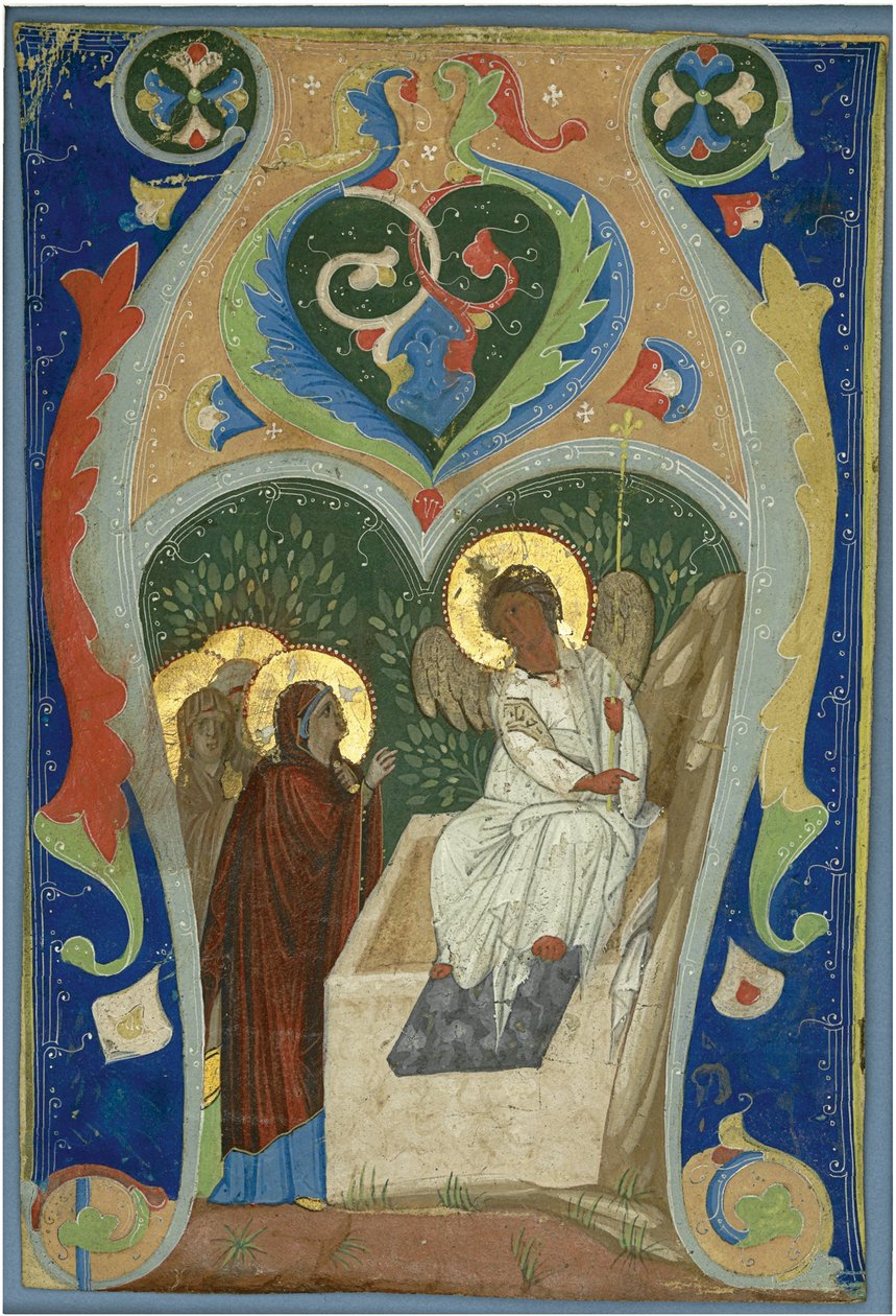 Las tres Marías y el ángel ardiente en la tumba. Inicial, ca. 1310 de Unbekannt