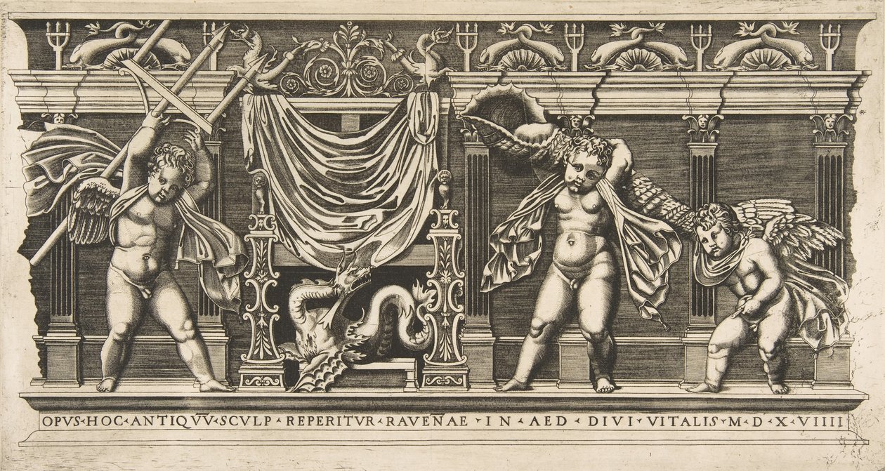 Tres cupidos frente a una fachada con pilastras, uno sosteniendo un tridente y otro..., ca. 1515-1600 de Unbekannt