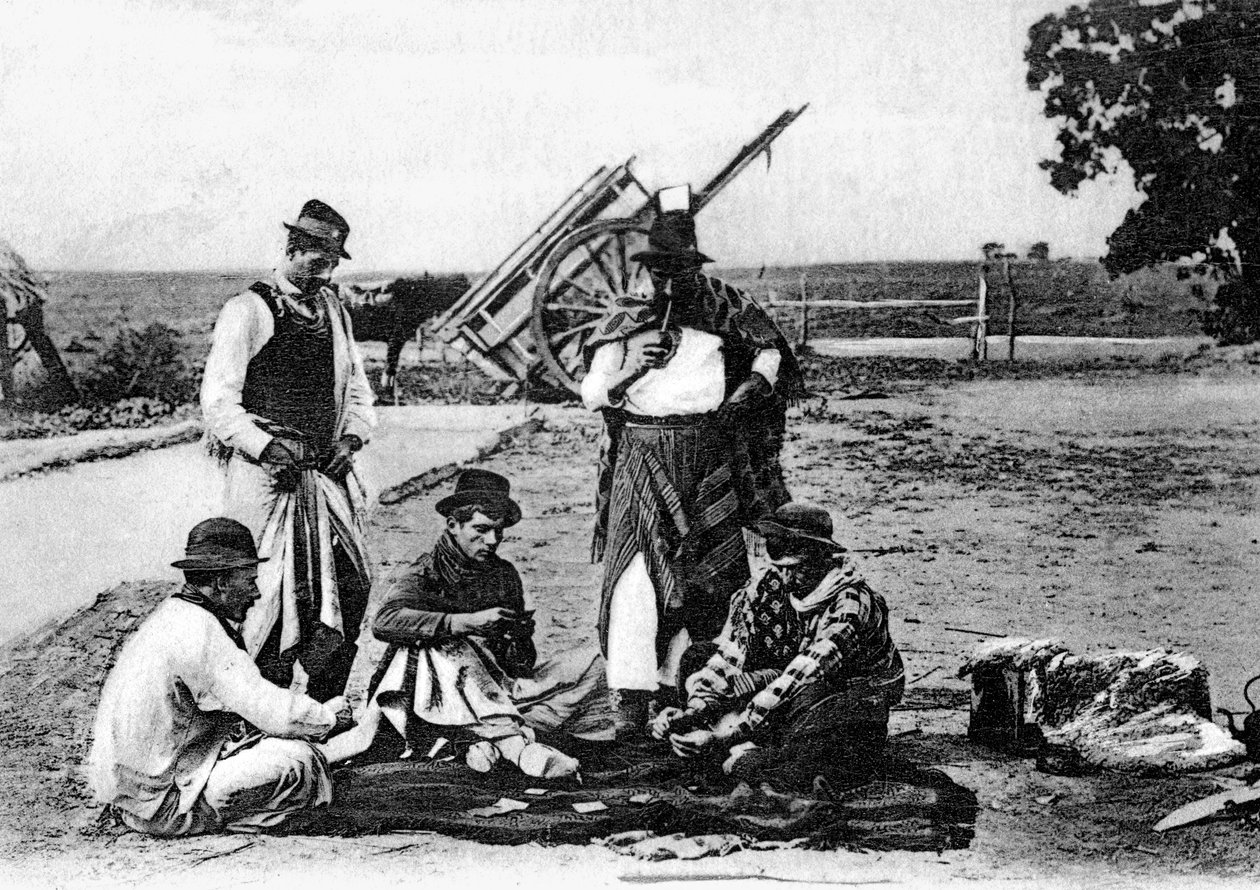 Tres hombres jugando a las cartas, Uruguay, c1900s de Unbekannt