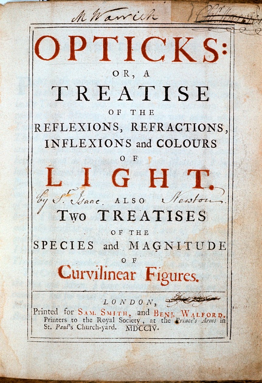 Página de título de Opticks por el científico y matemático inglés Isaac Newton, 1794 de Unbekannt