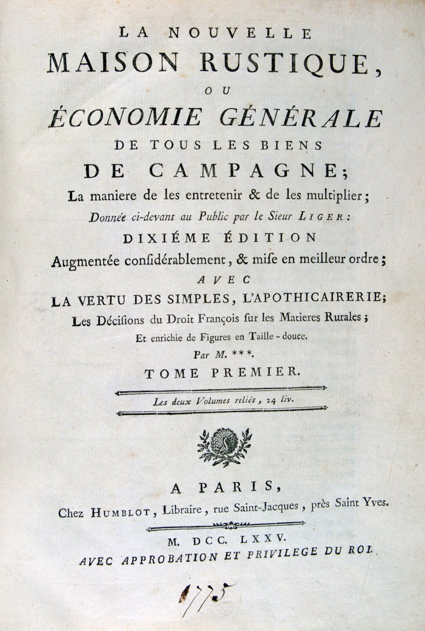Página de título de La Nouvelle Maison Rustique, ou Economie Générale, 1775 de Unbekannt