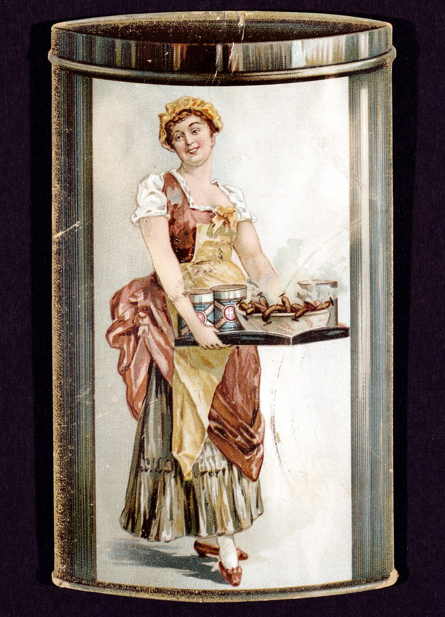 Tarjeta comercial de salchichas enlatadas producidas por Heinrich Bauer de Frankfurt am Main, Alemania, c. 1895 de Unbekannt