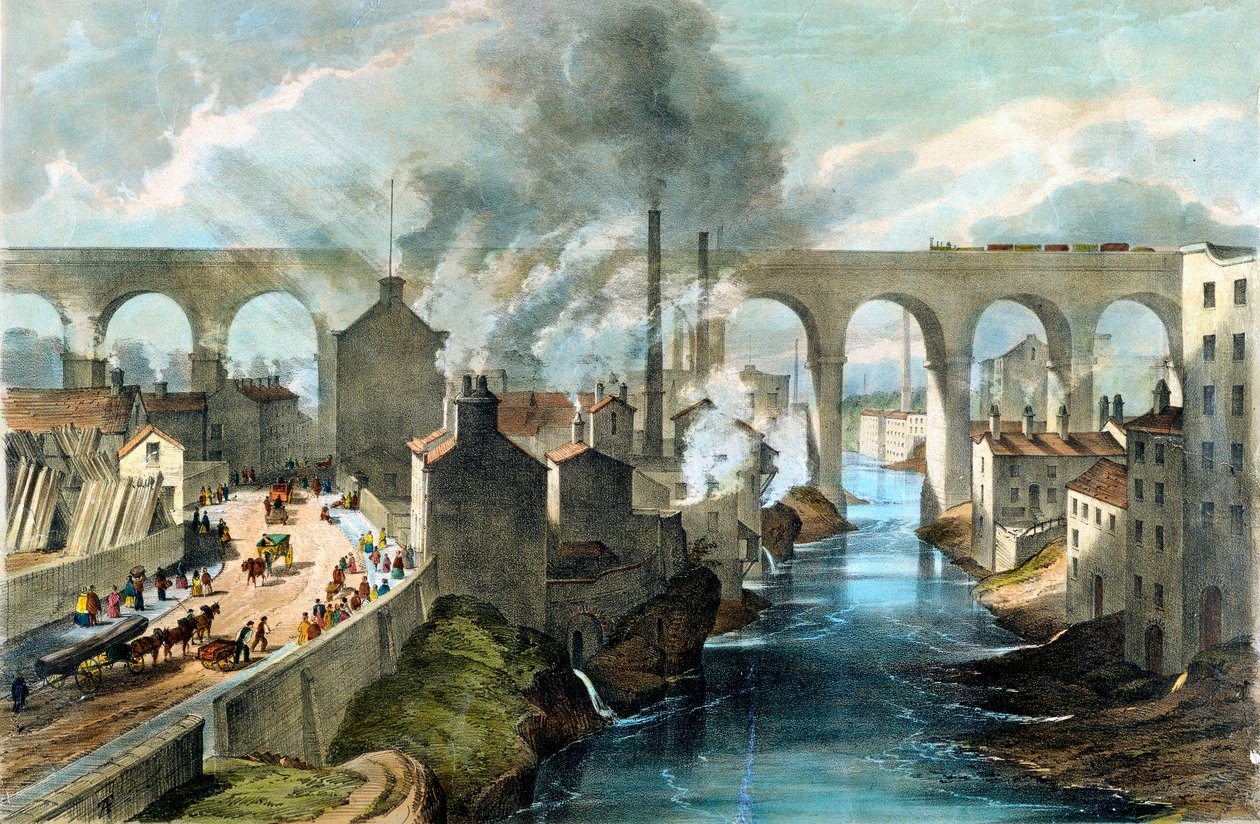 Tren cruzando el viaducto de Stockport en el Ferrocarril de Londres y Noroeste, c1845 de Unbekannt