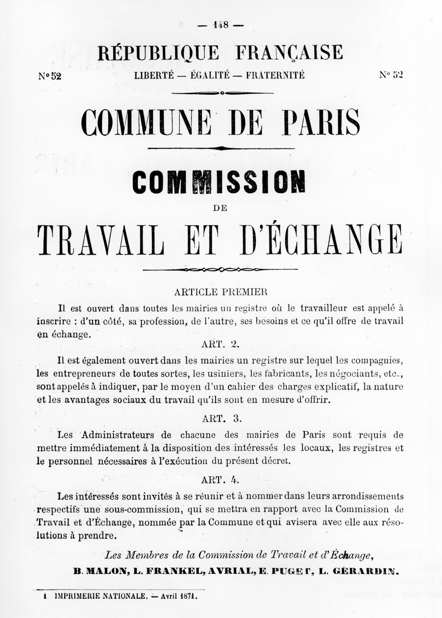 Trabajo e Intercambio, de los carteles políticos franceses de la Comuna de París, mayo 1871 de Unbekannt