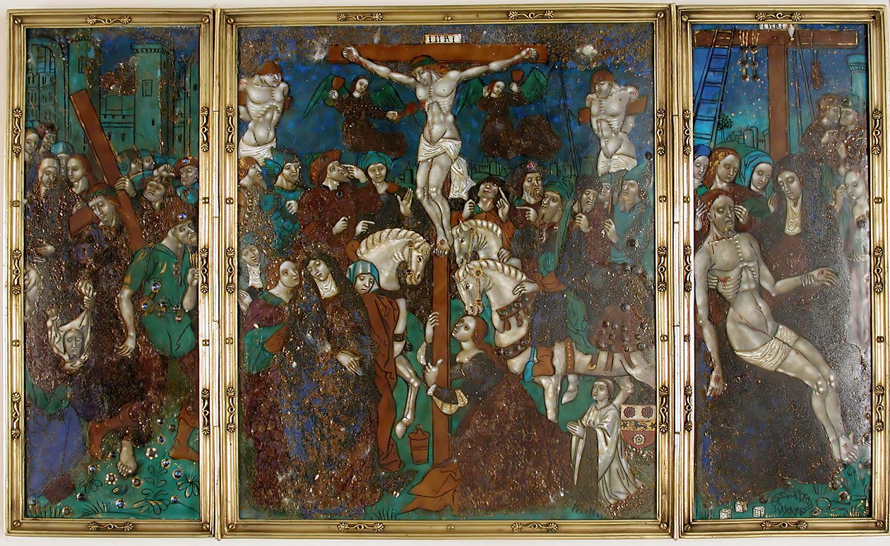 Tríptico con El camino al Calvario, Crucifixión y Descendimiento de la cruz, francés de Unbekannt