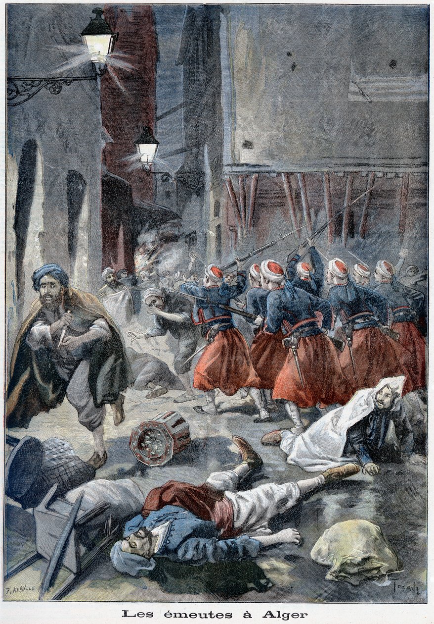 Tropas intentando despejar calles durante disturbios antijudíos, Argel, Argelia, 1898 de Unbekannt