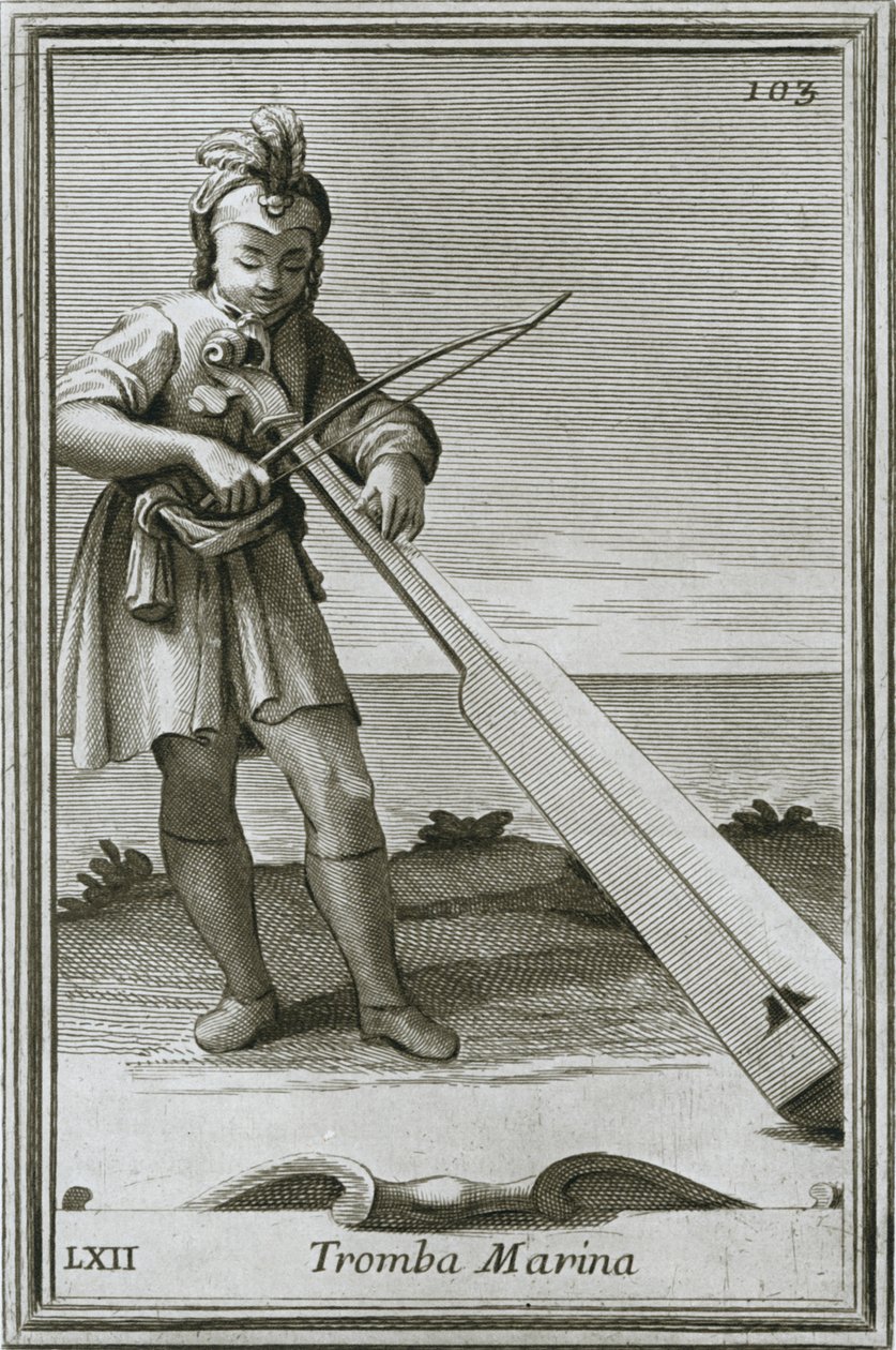 Trumscheit tromba marina, grabado del libro Cabinetto armonico de F. Bonanni, Roma, 1722, 1948 de Unbekannt