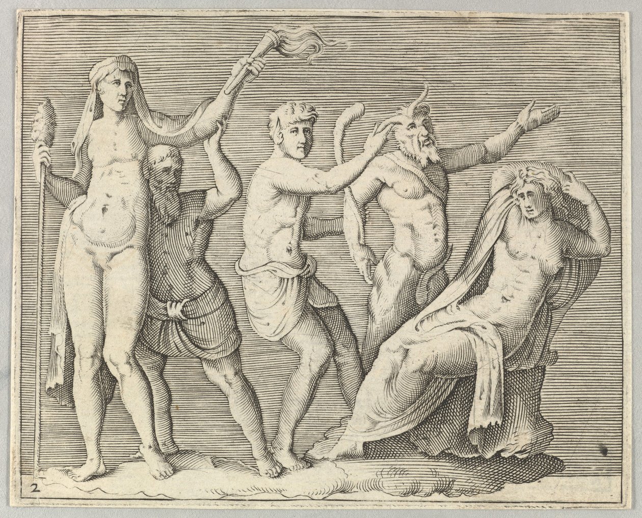 Dos figuras, un fauno y un sátiro se acercan a una mujer reclinada, publicado ca. 1599-1622 de Unbekannt